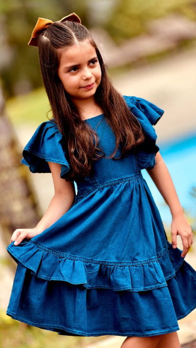 VESTIDO JEANS INFANTIL BONEQUINHA MANGA FLARE DM