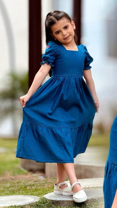VESTIDO JEANS INFANTIL MIDI BORDADO NA MANGA DM TAMANHO 10