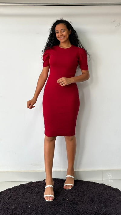 VESTIDO CANELADO ALGODÃO JUSTO COMPRIMENTO CLASSICO MANGA CURTA GOLA CARECA