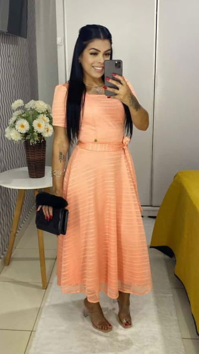 VESTIDO EVASE RENDA COM FAIXA GOLA QUADRADA  FL