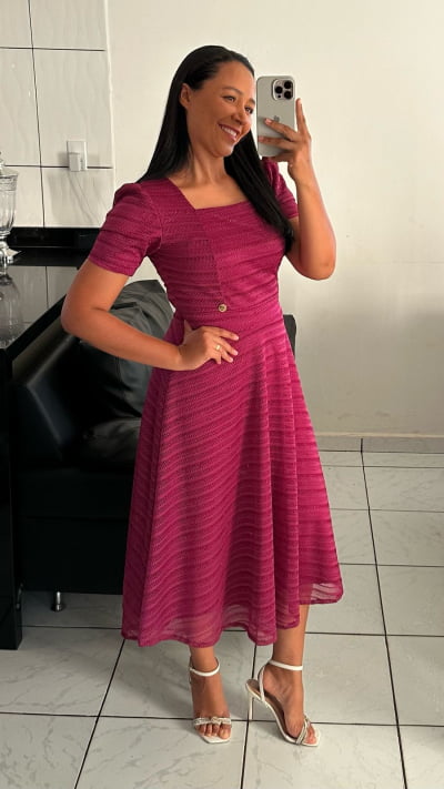 VESTIDO EVASE RENDA COM FAIXA GOLA QUADRADA  FL