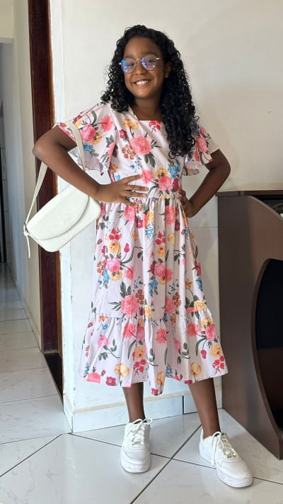 VESTIDO INFANTIL CREPE MANGA FLARE FLORIDO