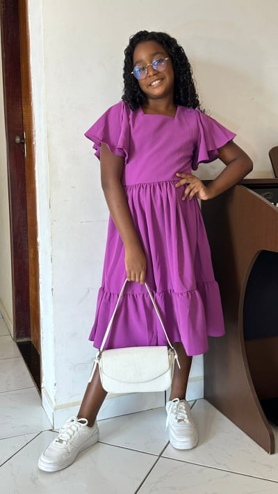 VESTIDO INFANTIL CREPE MANGA FLARE FUCSIA TAMANHO 14
