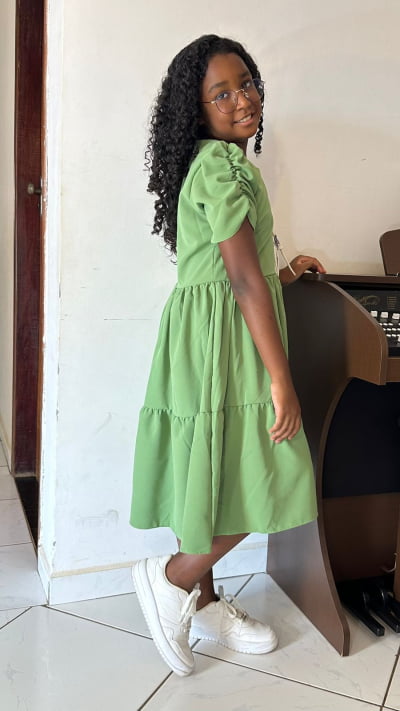 VESTIDO INFANTIL CREPE MANGA FRANZIDA VERDE TAMANHO 14