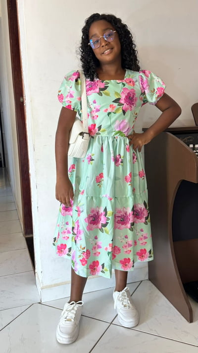VESTIDO INFANTIL CREPE MANGA PRINCESA VERDE FLORIDO