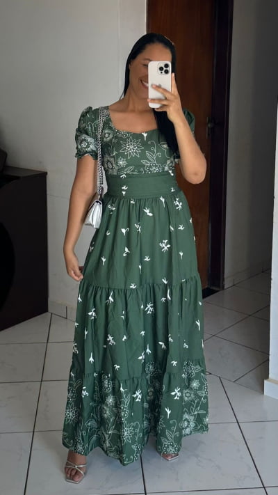 VESTIDO LONGO TRES MARIAS CREPE IMPRESSAO RENDA TAMANHO U IR