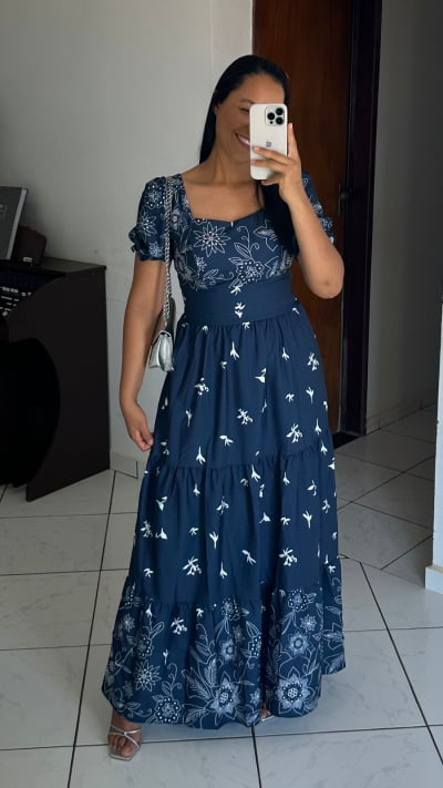 VESTIDO LONGO TRES MARIAS CREPE IMPRESSAO RENDA TAMANHO U IR