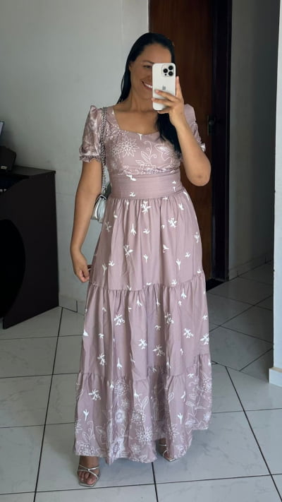 VESTIDO LONGO TRES MARIAS CREPE IMPRESSAO RENDA TAMANHO U IR