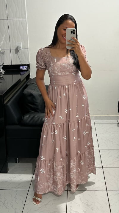 VESTIDO LONGO TRES MARIAS CREPE IMPRESSAO RENDA TAMANHO U IR