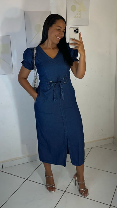 VESTIDO NO TENCEL MIDI FENDA FRONTAL CINTO E MANGA PRINCESA TAMANHO M DM