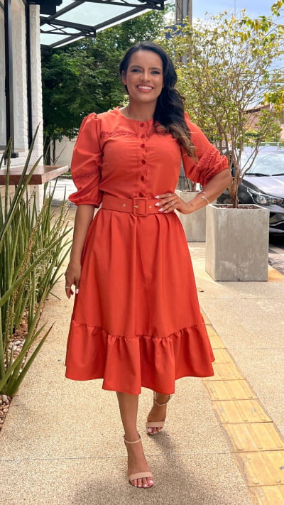 VESTIDO RODADO TELHA MANGA 3/4 COM CINTO TAMANHO G NB