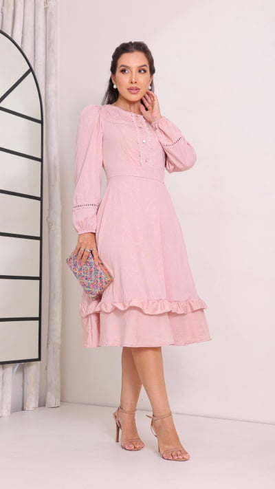 VESTIDO ROSA CLARO RODADO MANGA LONGA NB