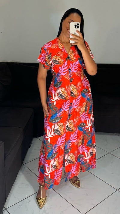 VESTIDO VISCOLINHO LONGO BOTOES FRONTAIS FUNCIONAIS