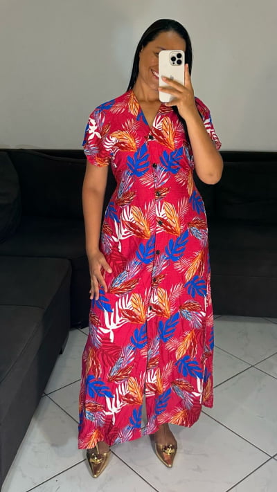 VESTIDO VISCOLINHO LONGO BOTOES FRONTAIS FUNCIONAIS
