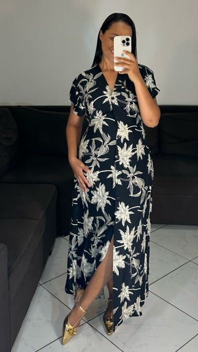 VESTIDO VISCOLINHO LONGO BOTOES FRONTAIS FUNCIONAIS
